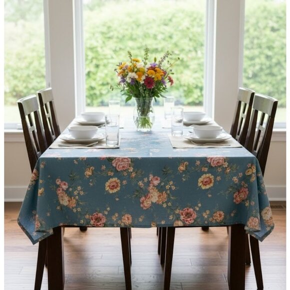 Vintage Blue Rose Floral Tablecloth Cottage Shabby Chic 40X40" English Country - Picture 1 of 5